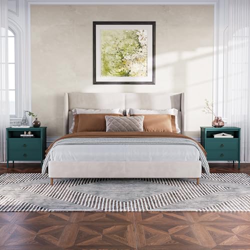Nightstand, Mid Century Modern Night Stand with 2 Drawers and Open Shelf, Beside Table with Distressed Ring Handle for Bedroom,End Table (1, Green) - color: Green