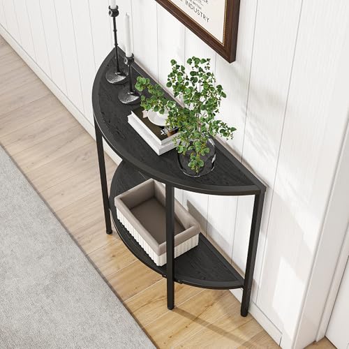 Console Table 2 Tier,Narrow Entryway Table with Storage,Black | Half Moon Sofa Couch Table with Metal Frame,Wooden Accent Side Coffee Table for Living Room/Hallway or Small Spaces - color: Modern Style-black