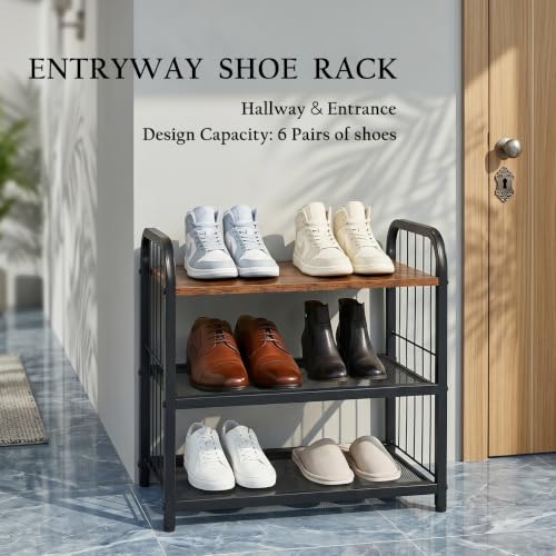Narrow Shoe Rack for Entryway Small Spaces, 3-Tier Shoe Organizer | Compact Metal Wood Shoe Storage Shelf, Wooden Top, Guardrails, Mesh Shelves, Free Standing, for Front Door Entrance, Closet - size: 17.32" X 10.24" X 16.93"