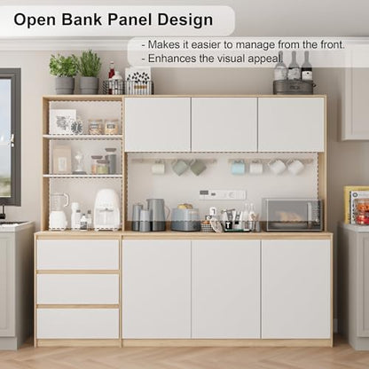 Mekminop Extra Large Kitchen Pantry with Microwave Shelf, Kitchen Hutch Storage Cabinet with Countertop, Freestanding Countertop Cabinet with 3 Drawers and 3 Open Shelves, White + Walnut - color: White + Walnut, size: 82.7" Wide
