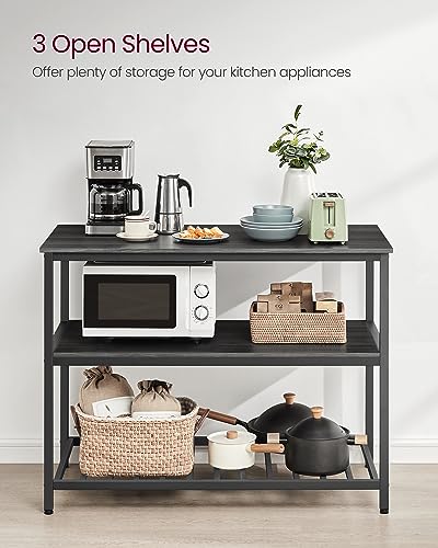 VASAGLE Kitchen Island with 3 Shelves, 47.2 Inches Width Kitchen Shelf with Large Worktop, Stable Steel Structure, Industrial, Easy to Assemble, Ebonised Oak and Black UKKI001B42 - color: Ebonised Oak + Black, size: 47.2"W x 35.4"H, style: without Power O
