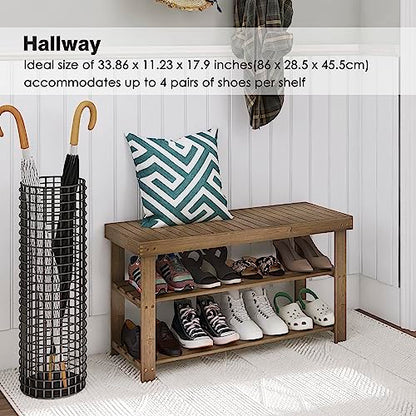 SMIBUY Bamboo Shoe Rack Bench, 3-Tier Shoe Organizer Storage Shelf for Entryway Hallway Bathroom Living Room (Walnut) - color: Walnut
