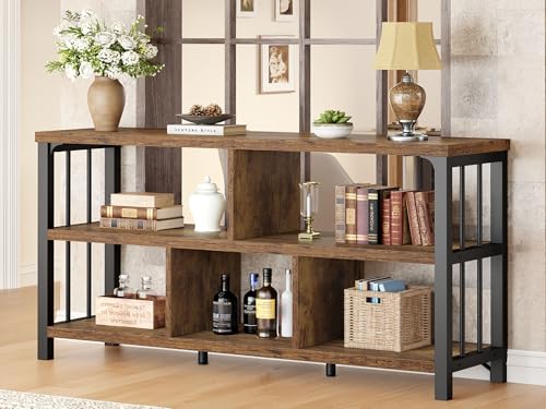 IBF 55” Low Wide Bookshelf, Industrial Horizontal Bookcase, Rustic Brown | 3 Tier Open Book Shelf, Wood Metal 5 Cube Storage Organizer, Modern Long Cubby Bookshelf for Bedroom Living Home Office - color: Rustic Brown, size: 55 inch