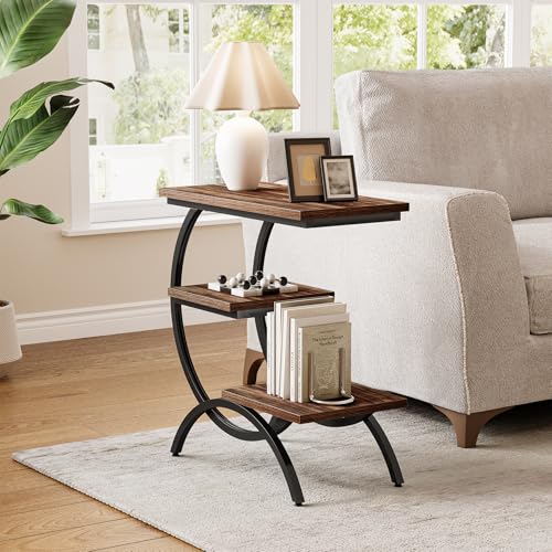 LITTLE TREE End Table, Narrow End Table with 3 Storage Shelves, Industrial C-Shaped Small Sofa Side Table for Living Room, Wood Slim Snack Table with Black Metal Frame, Rustic Brown - color: Rustic Brown