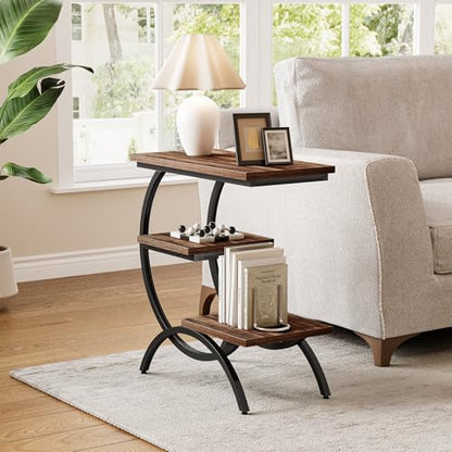 LITTLE TREE End Table, Narrow End Table with 3 Storage Shelves, Industrial C-Shaped Small Sofa Side Table for Living Room, Wood Slim Snack Table with Black Metal Frame, Rustic Brown - color: Rustic Brown