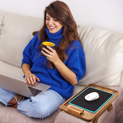 SINWANT Couch Arm Tray, Acacia Wood Sofa Arm Rest Table Clip on Wide Armrest,Folding Anti Slip Couch Armrest Table with 360° Rotating Phone Holder for Snacks,Drinks,Remotes - color: Acacia Wood