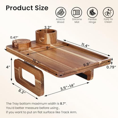 3 in 1 Acacia Wood Couch Arm Tray,Couch Tray with Cup Holder and Phone Holder,Folding Sofa Armrest Trays Clip-On Sofas Desk for Drinks,Snacks,Phone,Remote Control