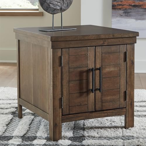 Signature Design by Ashley Moriville Rustic Farmhouse Rectangular End Table with Dual Cabinet Doors, Antique Bronze-Tone Hardware, Wood, 25" High, Brown - color: Dark Brown