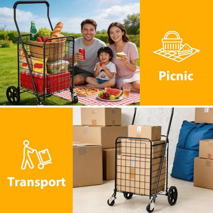 Kiffler Grocery Shopping Cart with 360° Rolling Swivel Wheels, 100LBS Utility Cart Easily Collapsible Cart Extended Foam Cover, Trolley for Laundry,Groceries,Travel Black (Medium) - size: Medium