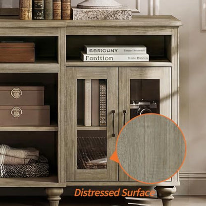 WAMAPT Buffet Cabinet with 4 Glass Doors, Large Coffee Bar Tables Wood Kitchen Storage Cabinets with 9 Storages, Modern Farmhouse Sideboard Credenza, Wash Gray, 70 inch - color: Wash Grey