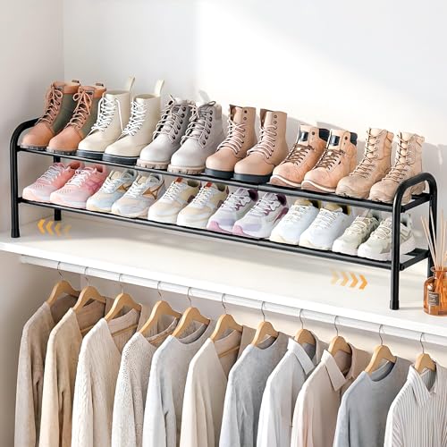 ENJOYBASICS 2 Tier Expandable Shoe Rack for Closet, Free Standing Metal Shoe Shelf Storage Organizer Holder 12 Pairs, Adjustable Width Shoe Rack for Entryway Small Space, Black - size: 2 Tier (4-12 Pairs)