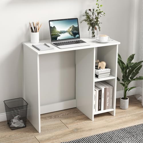 Giantex White Small Desk for Bedroom, 31.5 Inch Home Office Computer Desk with Shelves, Space Saving Study Writing Desk, Modern Simple Laptop Desk for Small Spaces, White - color: White