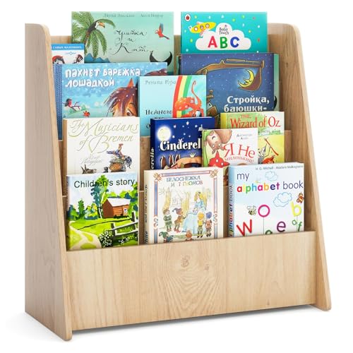 Costzon 4-Tier Kids Bookshelf, Front Facing Children Bookcase with Deep Compartments, Magazine Storage Rack for Kids Bedroom, Playroom, Nursery, Classroom, Kindergarten (Natural) - color: Natural, size: 4 Tier