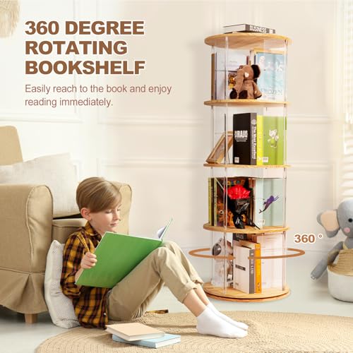 TAKEKIT 360° Rotating Bookshelf, 4-Tier Spinning Book Shelf Tower with Solid Wood & Clear Acrylic, Round Revolving Bookcase for Living Room, Bedroom and Office - color: Natural Round, size: 4-Tier