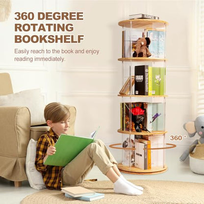 TAKEKIT 360° Rotating Bookshelf, 4-Tier Spinning Book Shelf Tower with Solid Wood & Clear Acrylic, Round Revolving Bookcase for Living Room, Bedroom and Office - color: Natural Round, size: 4-Tier