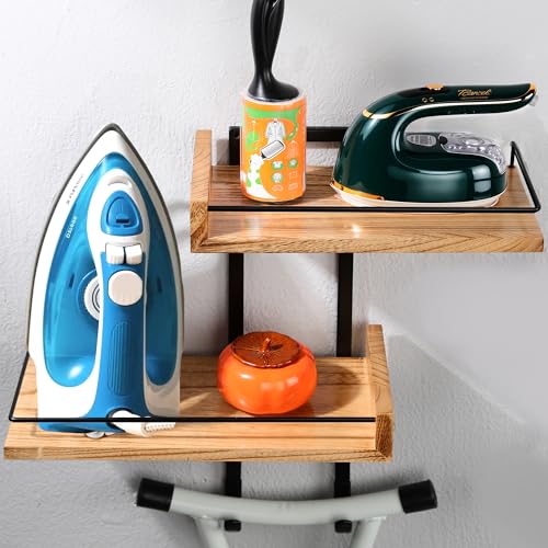 Ironing Board Hanger Wall Mount with Adjustable 2-Large Storage Shelves, Heavy Duty Space Saving Iron and Ironing Board Holder for Laundry Room, T&Y Leg Shaped, Carbonized Black - color: Black-a