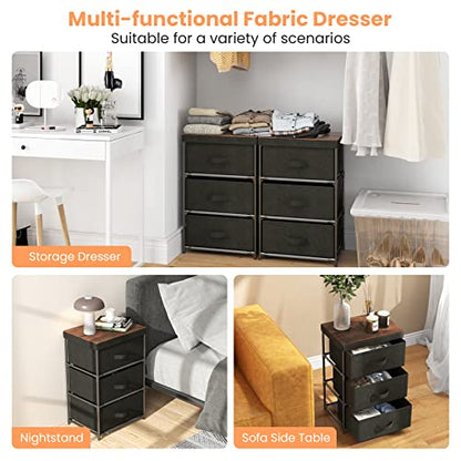 3-Drawer Bedside Table, 24.5" Nightstand with Metal Frame, Wood Top for Closet, Removable Fabric Bins & Handles, Small Dresser with Storage for Bedroom, Living Room & Entryway (2 Piece)