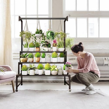 4-Tier Metal Plant Stand on Wheels, 31x24x65 H, 440 lbs Cap. | Sturdy Black Iron Tiered Plant Stand, Stair Shape Display Rack for Indoor & Outdoor Use in Home, Garden, Retail - size: 31in