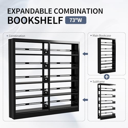 70.9" H Metal Bookshelf, Adjustable Bookcase, 5-Tier Heavy Duty Bookshelf with Bookend, Tall Bookshelves, Bookcase Shelf for Living Room, Office, Library,Classroom (Black-72.8W) - color: Black, size: 72.8" Wide