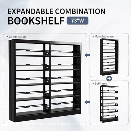 70.9" H Metal Bookshelf, Adjustable Bookcase, 5-Tier Heavy Duty Bookshelf with Bookend, Tall Bookshelves, Bookcase Shelf for Living Room, Office, Library,Classroom (Black-72.8W) - color: Black, size: 72.8" Wide