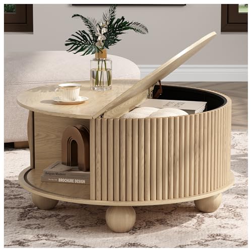 Round Coffee Table with Storage, 31.5" Mid Century Modern Coffee Table with Sliding Door & Bun Feet, Minimalist Fluted Center Table for Living Room, Home Small Space, Oak - color: Oak, size: Round(bun feet)