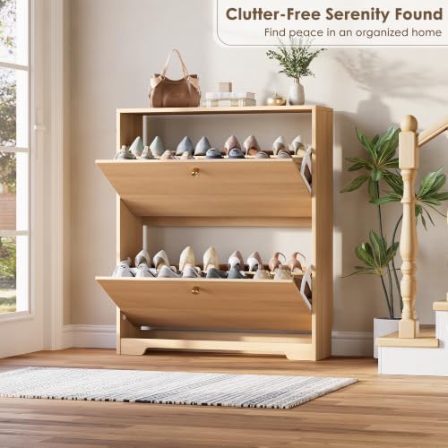 Nicetree Shoe Storage Cabinet with 2 Flip Drawers, Slim Shoe Cabinet, Hidden Shoe Rack Cabinet, Shoe Storage Cabinet for Entryway, Hallway, Foyer, Natural Oak - color: Natural Oak, style: 2-Drawers