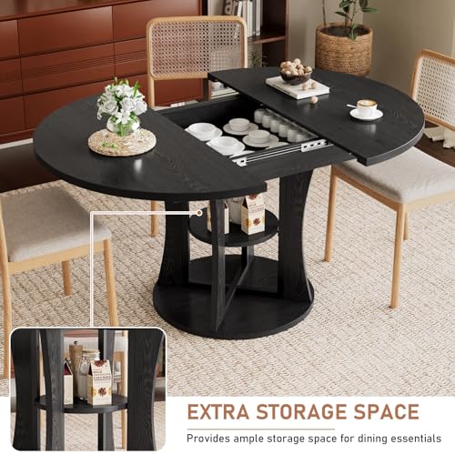 Extendable Round Dining Table for 4-6-8, 43.3-59in Expandable Dining Table with Storage Shelf, Space Saving Circle Oval Kitchen Table with Leaf for Dining Room, Black - color: Black