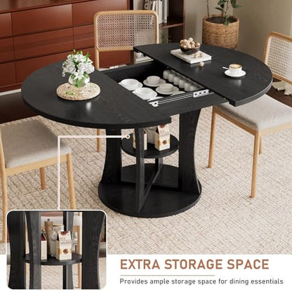 Extendable Round Dining Table for 4-6-8, 43.3-59in Expandable Dining Table with Storage Shelf, Space Saving Circle Oval Kitchen Table with Leaf for Dining Room, Black - color: Black