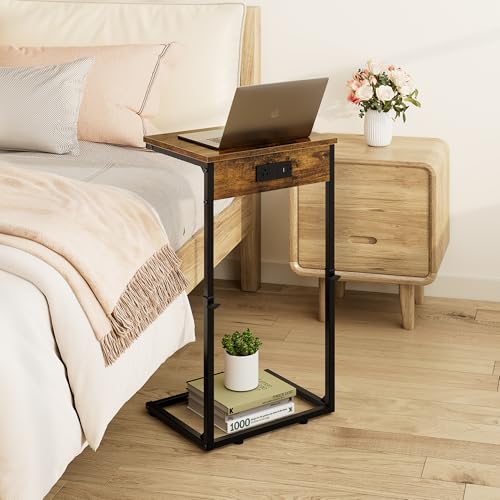 Vagusicc C Shaped End Tables Set of 2 with Charging Station, 33.2'' Tall C Table Adjustable Height Side Table, Small Side Table for Small Spaces, Couch Sofa Table TV Tray for Living Room, Rustic Brown - color: Rustic Brown (2 Pack), style: With Plug