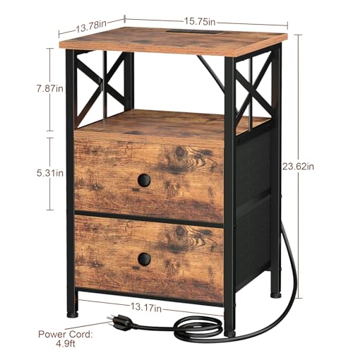 AMHANCIBLE Nightstands Set of 2, Large Night Stand with Charging Station | Bedside Table, 2 Fabric Drawers, End Side Tables Living Room, with Open Shelf, USB Ports Outlets, for Bedroom, Rustic Brown - color: Rustic Brown