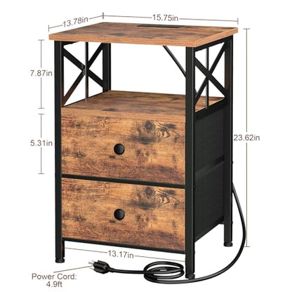 AMHANCIBLE Nightstands Set of 2, Large Night Stand with Charging Station | Bedside Table, 2 Fabric Drawers, End Side Tables Living Room, with Open Shelf, USB Ports Outlets, for Bedroom, Rustic Brown - color: Rustic Brown