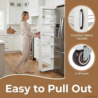 7-Tier Slim Mobile Shelving Cart with Wheels, Rolling Pantry with 7 Racks, Narrow Pull-Out Utility Cart, Space Saving Storage Organizer Carts for Kitchen Living Room Bathroom Narrow Spaces, White - size: White & 7.87"D x 17.72"W x 70.87"H