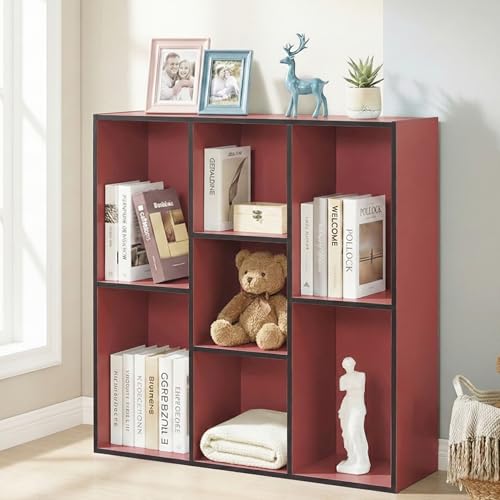 Kings Brand Furniture Haven 7-Shelf Tall Bookshelf, Floor Standing Modern Bookcase Storage Organizer with Vertical Open Shelves for Home Office, Living Room & Bedroom Display, Red - color: Red