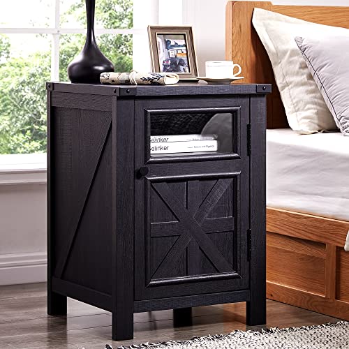 JXQTLINGMU Farmhouse End Table with Charging Station, 18'' Rustic Nightstand with Barn Door & Adjustable Shelf, Wooden Sofa Side Table with 3-Tier Storage for Living Room, Bedroom, Black - color: Black