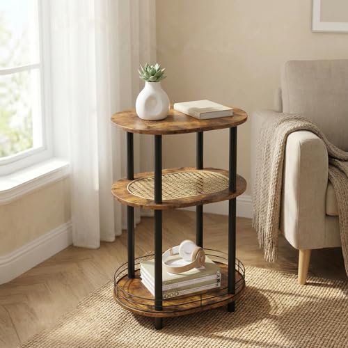 Small Rattan Side Table with Storage, 3 Tier Round/Oval End Table with Rattan Shelf, Boho Nightstand, Tool Free Assembly/Screw-Hole Free Tabletop-Living Room Bedroom-Brown - color: Brown-rattan, size: 1PC