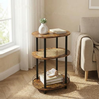 Small Rattan Side Table with Storage, 3 Tier Round/Oval End Table with Rattan Shelf, Boho Nightstand, Tool Free Assembly/Screw-Hole Free Tabletop-Living Room Bedroom-Brown - color: Brown-rattan, size: 1PC