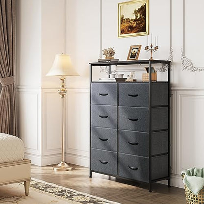 WLIVE Fabric Dresser for Bedroom with Open Shelves, Tall Dresser with 8 Drawers, Storage Tower with Fabric Bins, Chest of Drawers for Closet, Living Room, Hallway, Charcoal Gray - color: Dark Grey, style: Raised Shelves