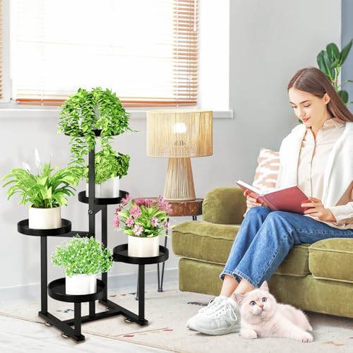 5 Tier Metal Heavy Duty Plant Stand Indoor Outdoor，27In Tall,Black | 7.9In Pot,Save Space,Adjustable Foot Pad,Tiered Corner Plant Holders for Multiple Plants,Patio,Garden,Living Room, Balcony