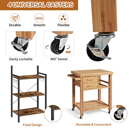 Bamboo Kitchen Island on Wheels, Lockable Rolling Kitchen Cart with 2 Storage Drawers & Open Shelf, Wood Utility Butcher Block Island with Towel Rack