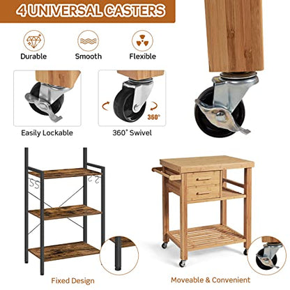 Bamboo Kitchen Island on Wheels, Lockable Rolling Kitchen Cart with 2 Storage Drawers & Open Shelf, Wood Utility Butcher Block Island with Towel Rack