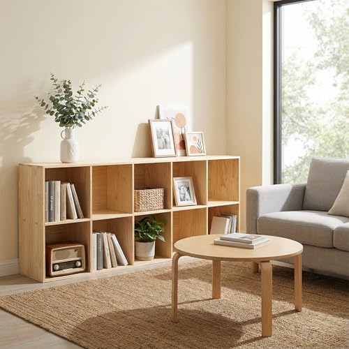Gdrasuya10 10 Cube Book Shelf, 63" Long Wood Storage Organizer Bookcase, Horizontal Console Closet Bookshelf, Hallway TV Stand for Entryway, Display Cabinet Book Case for Office - size: 10 Cubes