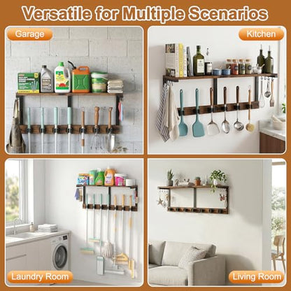 Housolution Wall Mount Broom Holder Laundry Room Storage Organizer Shelves | Thickened Metal Frame, 100 LBS High Load-Bearing, Large Capacity, Multifunctional with 7 Grippers & 8 Hooks - size: 7 Grippers with 1 Tier Shelf