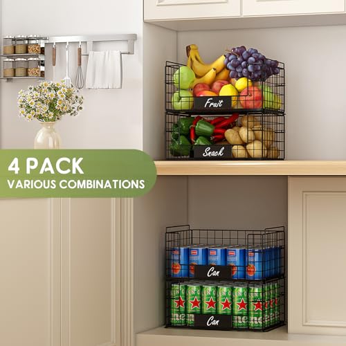 JKsmart 4 Pack XXL Stackable Wire Baskets with Handles for Pantry Storage and Organization,Fruit and Vegetable Basket with Name Plates,Metal Storage Bins for Snack Can Fruit Veggies - size: XXL-16.34"x12.01"x31.48"