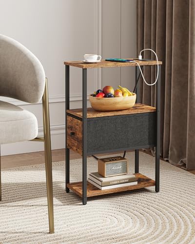 TUTOTAK Set of 2 Small Narrow End Table with Charging Station, Side Table with Outlets, Nightstand with Cloth Drawer, Couch Table, for Living Room, Bedroom, Bedside, Brown TB01BB058 - color: Brown, style: 1 Drawer & Plug
