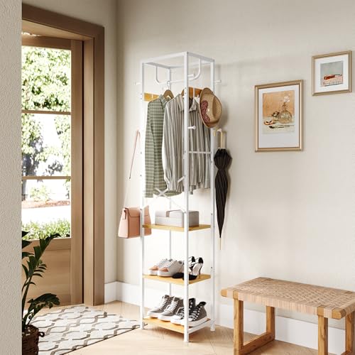 ELYKEN Coat Rack Freestanding, Hall Tree with 3 Storage Shelves and 12 Hooks, Industrial Clothes Rack Stand Organizer for Bedroom, Hallway, Entryway, Office, Living Room - color: Natural