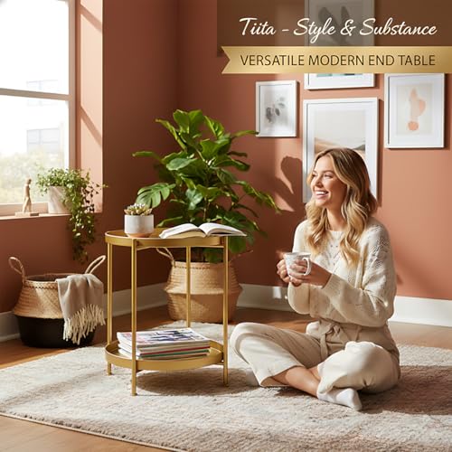 Tiita 2 Pack Round End Table Mental Side Table Nightstand/Small Wood Tables Accent Coffee Table with Wooden Tray for Living Room Bedroom Office Small Space - color: Gold