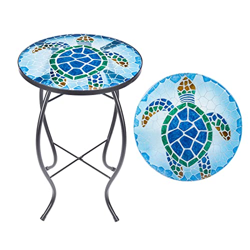 VCUTEKA Patio Side Table Outdoor Accent Table Bistro Coffee Table Plant End Table Small Porch Table Indoor Round Glass Balcony Plant Table Stands Sea Turtle 12'' - color: Sea Turtle