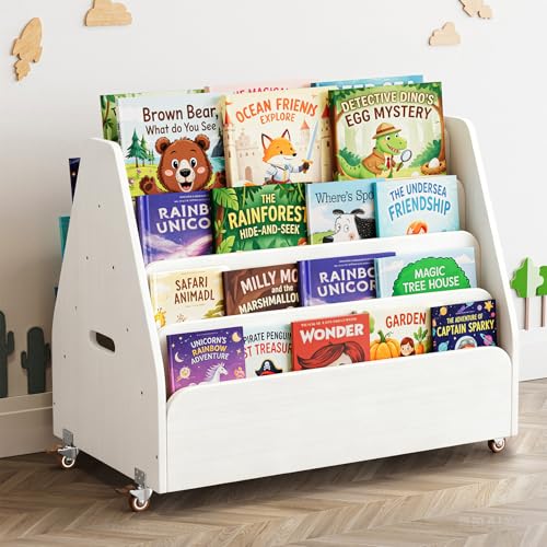 SpaceAid Double-Sided Mobile Bookshelf, Montessori Bookcase for Toddlers, Wooden Book Storage Organizer Shelf Furniture for Kids Rooms, Playroom, Nursery and Classroom, 29.5“ Wide 4-Tier, White - color: White
