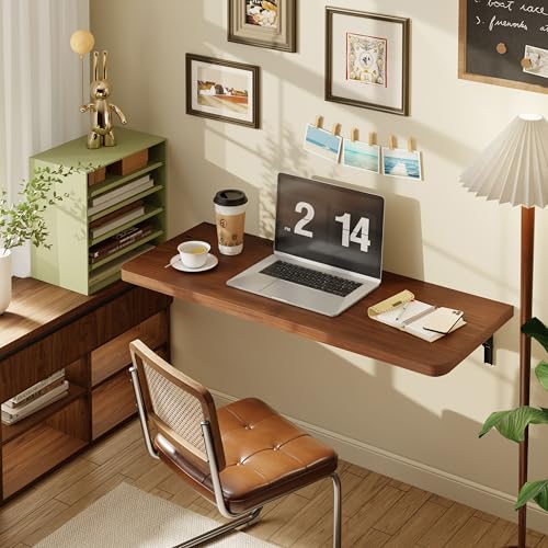 Dogsky 36" x 14" Floating Wall Desk, Fold Down Wall Table - 200 lbs Heavy Duty Solid Pine Wall Mount Folding Desk for Home Office, Laundry Room, Kitchen & Small Apartment, Walnut - color: Walnut, size: 36'' x 13.7'' x 6.3''
