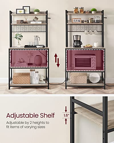 VASAGLE Bakers Rack with Power Outlet, Microwave Stand, Kitchen Tall Utility Storage Shelf, with Metal Wire Panel, 14 Hooks, 15.7 x 31.5 x 66.9 Inches, Heather Greige and Ink Black UKKS025B02 - color: Heather Greige + Ink Black, size: 31.5"W